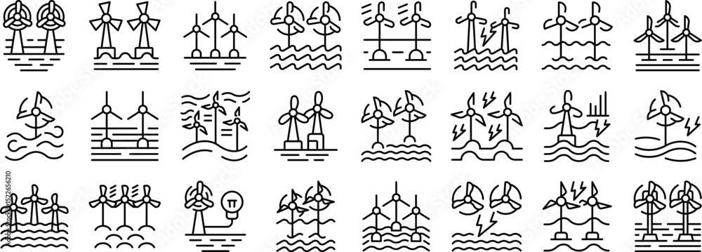 Fototapeta premium Wind farms ocean icons set. Offshore wind turbines harnessing wind power for sustainable energy production, depicted in a collection of line icons