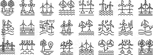 Wind farms ocean icons set. Offshore wind turbines harnessing wind power for sustainable energy production, depicted in a collection of line icons