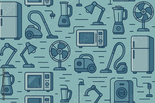 Seamless pattern of home appliances including vacuum cleaners, blenders, and microwaves