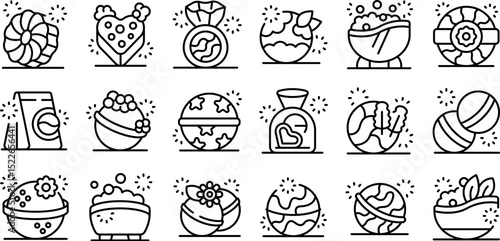 Bath bomb icons set. Colorful bath bombs with various shapes and textures, adding a touch of luxury and self care to bath time