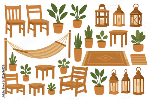 Outdoor furniture and decor including chairs, hammock, plants, and lanterns.