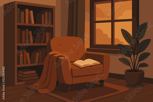 Cozy reading nook with armchair, book, and sunset window light