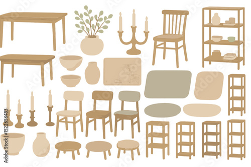 Soft-toned home furniture and decor icons, including chairs, tables, and plants