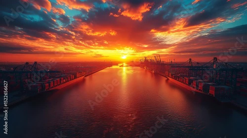 Large sunset panorama of a container terminal in Hamburg
