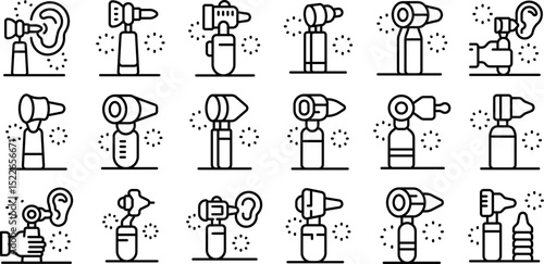 Otoscope icons set. Ear cleaning tools and devices ensuring proper ear hygiene and wax removal