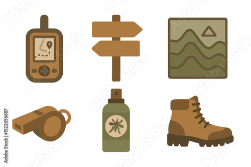 A collection of outdoor adventure essentials, including a GPS device, directional signs, a map, a whistle, insect repellent, and hiking boots.
