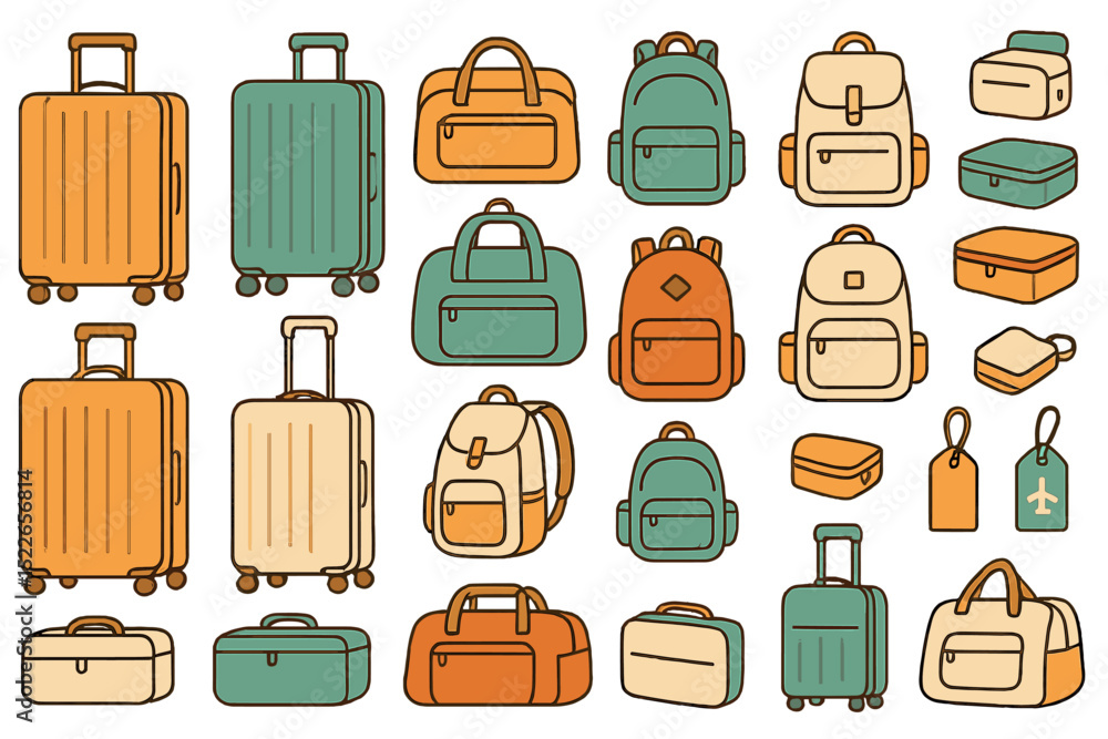 Collection of various travel bags and suitcases arranged in diverse styles and colors for exploration needs Collection of various travel bags and suitcases arranged in diverse styles and colors for exploration needs