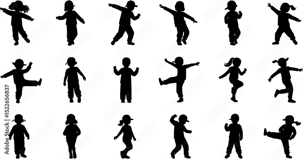 Naklejka premium Children dancing street dance silhouette vector illustration. Hip hop, break dance, juzz funk, rap, freestyle