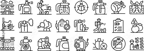 Pesticides icons set. Set of icons representing insecticide and pesticide spraying, crop dusting, pest control, and plant protection