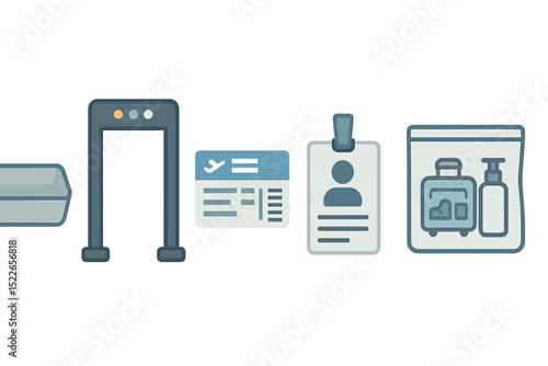 Flat style airport security icons with boarding pass and ID