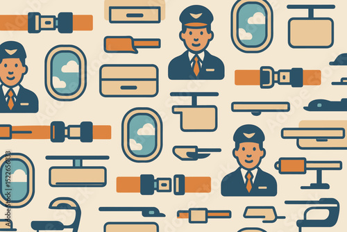 Flight safety and travel icons displayed in a seamless pattern highlighting aviation essentials and passenger experience