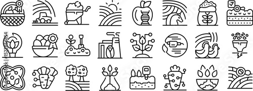 Agroecology icons set. Innovative agricultural practices using technology for improved crop production, soil health, and sustainable farming