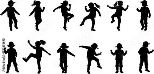 Children dancing street dance silhouette vector illustration. Hip hop, break dance, juzz funk, rap, freestyle
