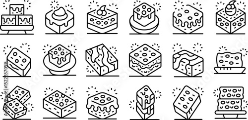 Brownie icons set. Brownie squares, some decorated with toppings and fireworks, creating a festive atmosphere perfect for celebrations and sweet indulgences