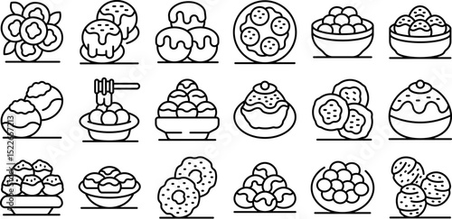 Greek loukoumades icons set. Savory takoyaki balls are presented in diverse culinary styles, featuring an array of toppings and sauces, showcasing the versatility of japanese street food