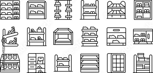 Shoe rack icons set. Collection of empty shelves, display cases, and refrigerated units ready to be stocked with merchandise