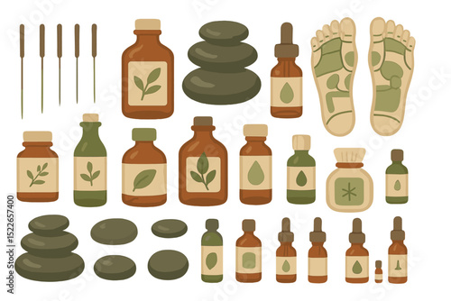Herbal medicine, acupuncture, and wellness icons in soft tones