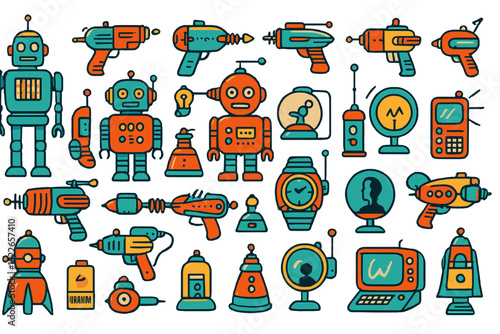 Colorful retro robot and gadget illustrations featuring robots, ray guns, and gadgets in a playful style
