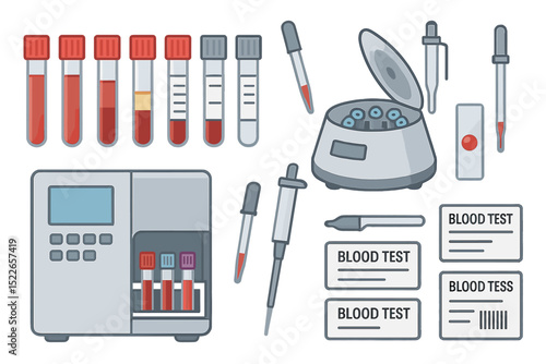 Laboratory setup featuring various blood test equipment and sample containers at a medical facility
