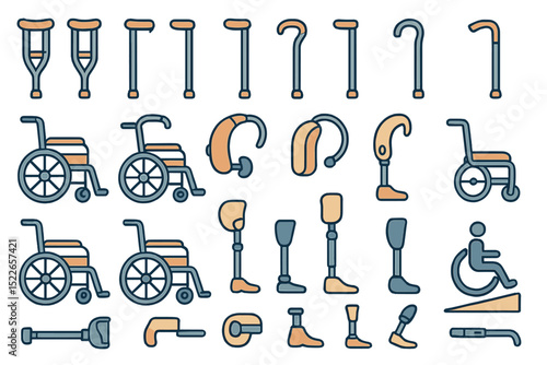 Collection of mobility aids and assistive devices for individuals with disabilities in a minimalist style