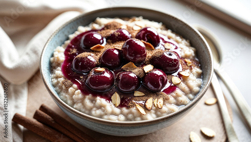 Vintage bowl of oatmeal with oat milk garnished with fresh cherries, slivered almonds and cinnamon on a rustic table