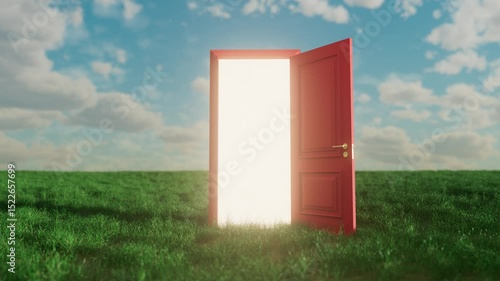 Bright sunlight streaming through red wooden door, revealing verdant field under cloudy sky, symbolizing transformative journey, new opportunities, and emerging potential
