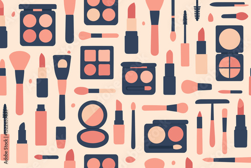 Beauty products arranged creatively on a pastel background featuring various makeup essentials and tools in a pleasing pattern