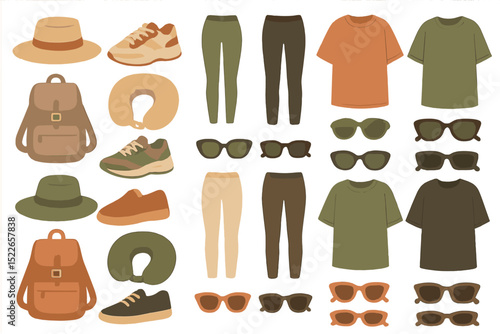 Collection of travel clothing and accessories for outdoor adventures in various colors and styles