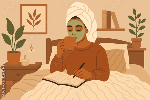 Relaxing at home with a face mask, warm drink, and journaling in cozy bedroom setting