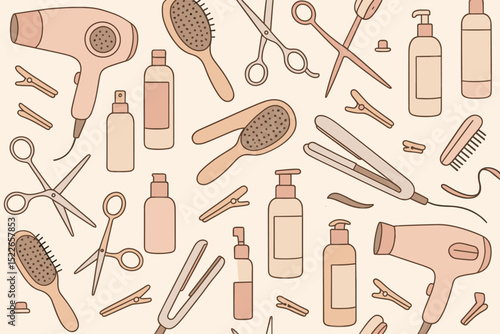 Colorful pattern of hair styling tools and products on a muted background