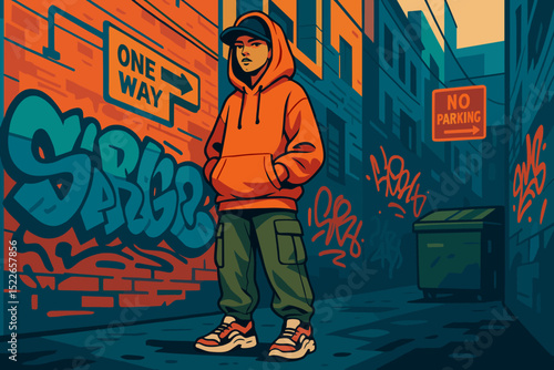 Urban youth standing confidently in a graffiti-adorned alley while wearing casual streetwear in the late afternoon