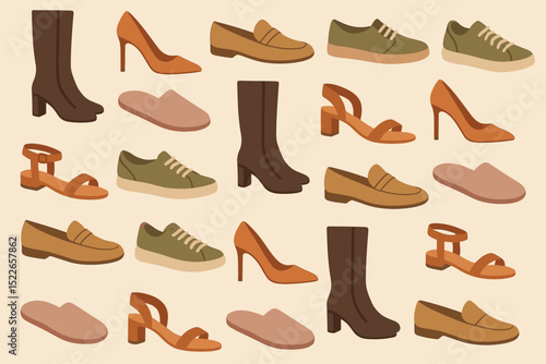 Variety of stylish footwear displayed on a light background, featuring boots, heels, sneakers, and sandals in earthy tones