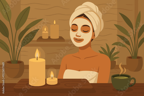 Relaxing in a spa with a face mask, candles, and tea for a soothing self-care experience
