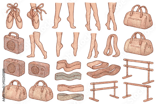 Ballet preparation with various dance accessories and essentials for rehearsals and performances at a studio