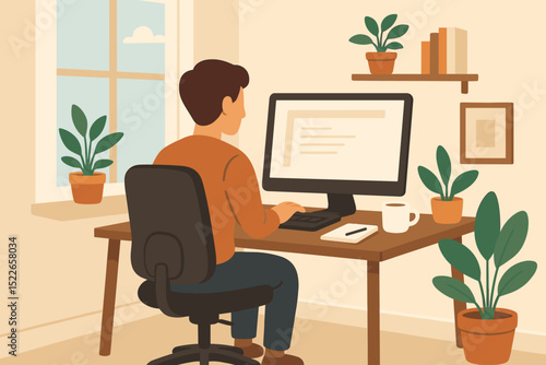 Person working at a desk in a cozy indoor space surrounded by plants during the daytime