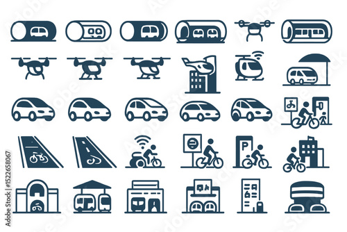 Various modes of transportation represented in simple icons showcasing urban mobility and travel options