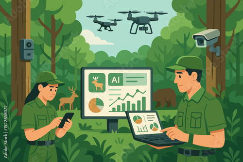 Forest monitoring team uses technology for wildlife tracking during the day in a vibrant green forest environment
