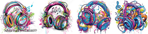 Headphones Vector Set with Colorful Design Elements, Isolated on White Background.