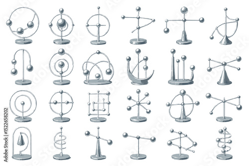 Various metal sculptures representing scientific concepts and abstract designs displayed on white background