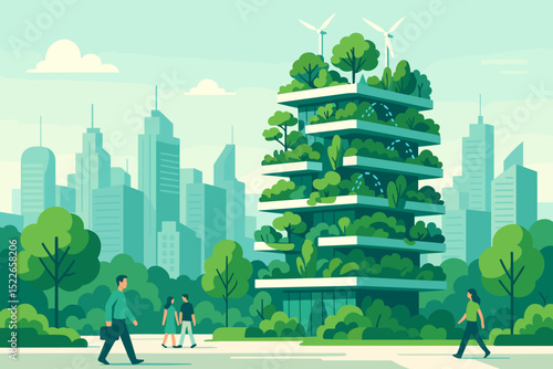 Eco-friendly skyscraper with greenery and wind turbines in cityscape