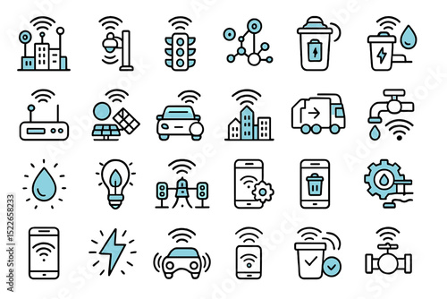 Modern technology icons representing smart city concepts and Internet of Things applications