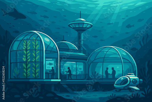Advanced underwater research facility explores marine life in a vibrant ecosystem with scientists engaged in studies