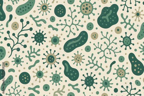Microbial patterns showcasing diverse bacteria and microorganisms in various shapes and sizes on a light background
