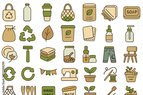 Icons depicting eco-friendly activities and products in a sustainable lifestyle theme