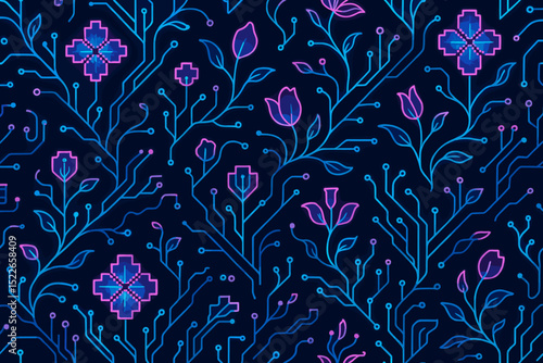 Vibrant floral and circuit pattern on a dark background showcasing a fusion of nature and technology