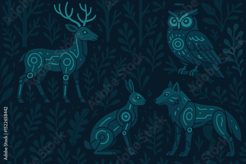 Robot animals in a forest with intricate patterns and a dark background showcasing a deer, rabbit, owl, and wolf