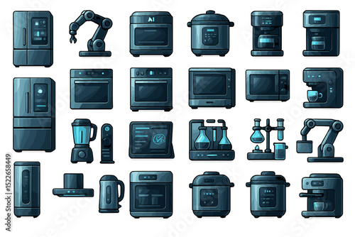 Collection of modern kitchen appliances with smart technology features in a sleek design