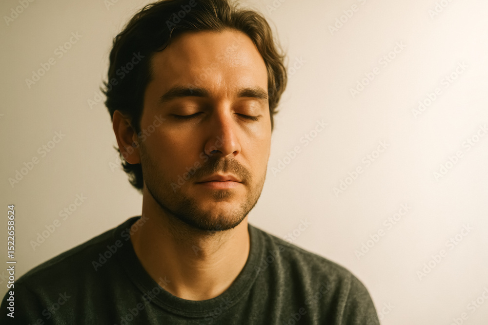 Obraz premium Young man with closed eyes meditating in soft natural light. Calm and peaceful mood. Generative AI