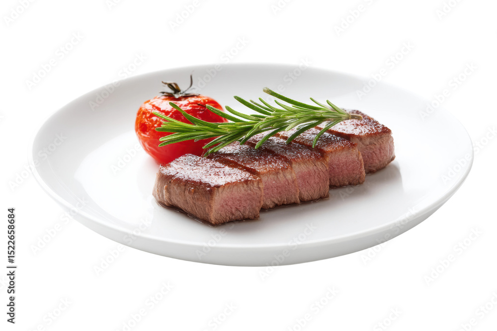 Grilled steak slices with roasted tomato and rosemary garnish on white plate, cut out Grilled steak slices with roasted tomato and rosemary garnish on white plate, cut out