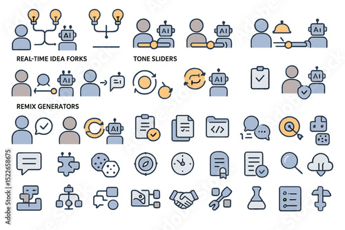 Digital symbols representing artificial intelligence concepts and tools for collaboration and creation in a tech environment